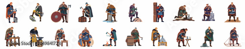 Принти на полотні Large Collection of Flat Vector Illustrations of Viking Warrior Characters in Va