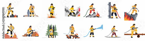 Schilderij op canvas Collection of Firefighters Extinguishing Fires and Holding Hoses in Various Emergency Situations, Flat Vector Illustration Isolated on White Background