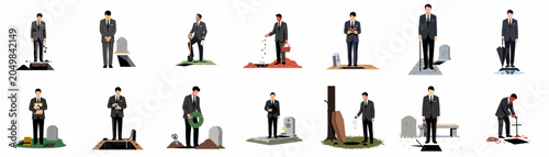 Konstfotografi Flat illustration set of a man in a suit mourning and performing various funeral rituals at a cemetery