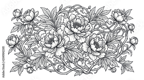 Foto Intricate peony floral arrangement with swirling vines.