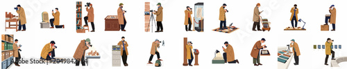 Tableau sur toile Set of illustrations featuring male archaeologists and curators documenting ancient artifacts, taking photos, and conducting research in various museum and archival settings