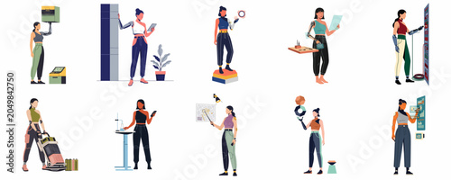 Konstfotografi Set of flat illustrations featuring empowered women with bionic arms in diverse futuristic workspaces and professional scenarios