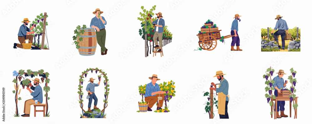 Naklejka premium Comprehensive set of illustrations featuring vineyard workers and farmers harvesting grapes, tending to vines, and managing wine production processes in a classic style.