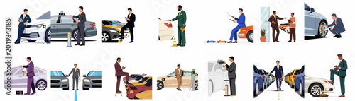 Collection of Flat Illustrations Showing Businessmen Interacting with Modern Cars, Electric Vehicles, and Charging Stations in Various Professional Automotive Service Contexts