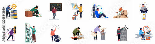 Collection of university students exploring various academic disciplines including science, technology, engineering, arts, and mathematics in a modern flat illustration style.
