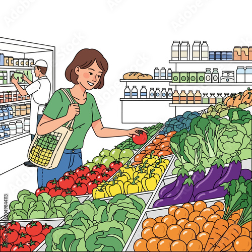 Woman shopping fresh produce in a supermarket, choosing a tomato