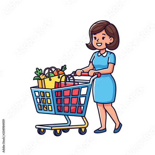 Woman shopping groceries with cart, cartoon vector illustration