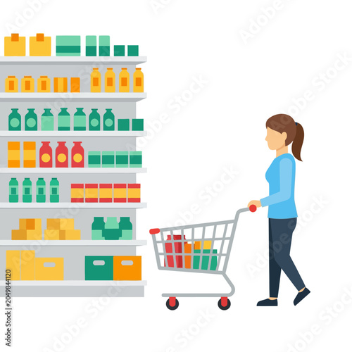 Woman Shopping Groceries in Supermarket, Cartoon Illustration