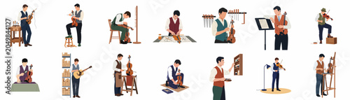 Foto Set of flat vector illustrations showing luthiers and craftsmen working on, repairing, and playing violins and guitars in various workshop environments