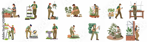 Photos Set of professional gardeners and botanists using smart technology for plant care, cultivation, and research in greenhouses and gardens