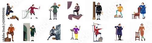 Photos Collection of flat vector illustrations of William Shakespeare in various theatrical poses and characters inspired by his famous plays and Elizabethan era