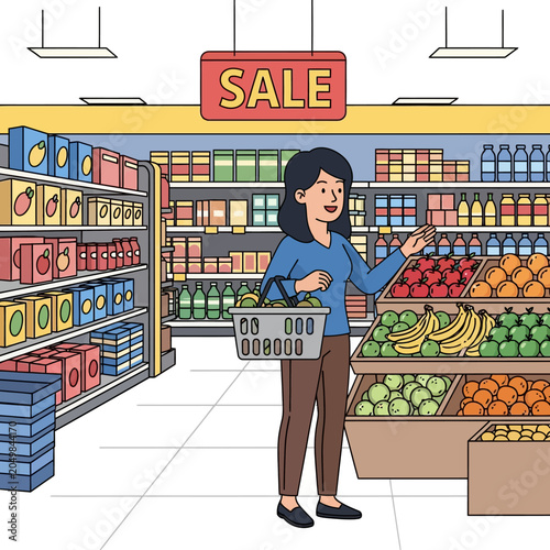 Woman shopping grocery basket, supermarket sale cartoon