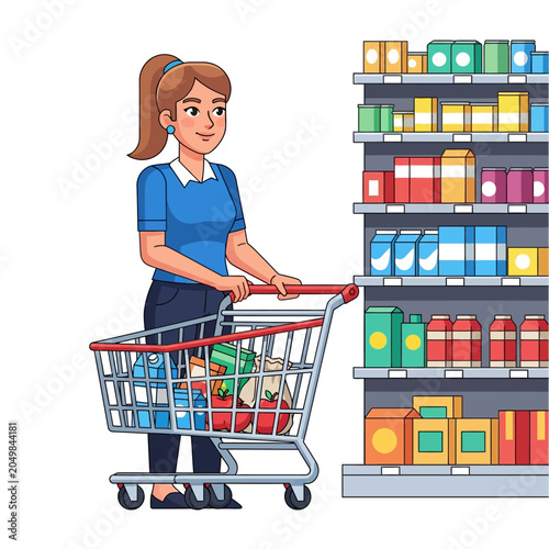 Woman Shopping: Grocery Cart Filled with Food, Supermarket Shelves