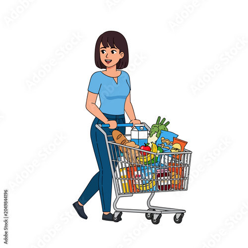 Woman Shopping at Grocery Store with Fully Loaded Cart