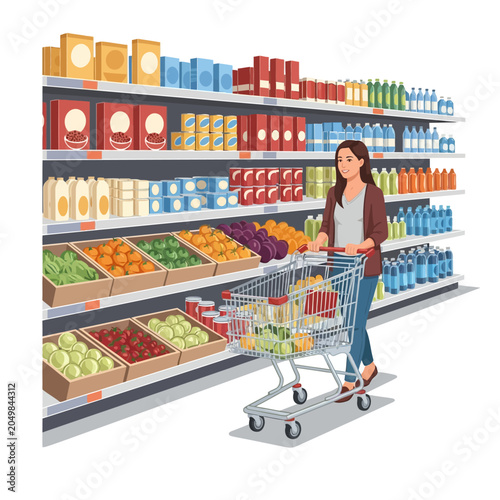 Woman Shopping in Supermarket with Groceries, Cart and Shelves
