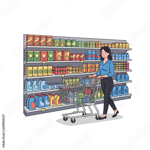 Woman Shopping: Supermarket Cart Filled with Groceries