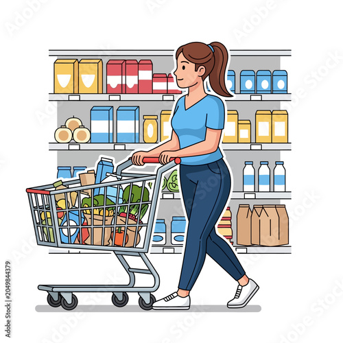 Woman shopping supermarket with trolley full groceries