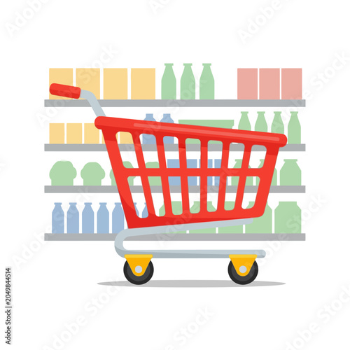 Shopping cart in front of supermarket shelves illustration
