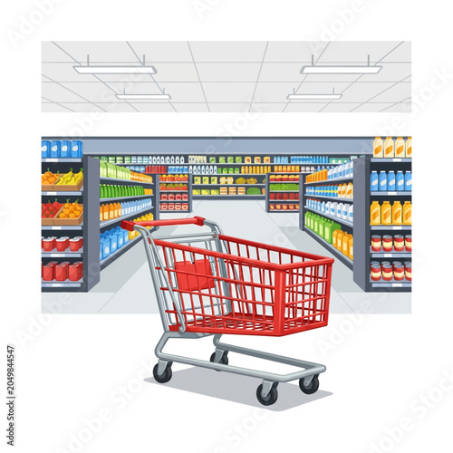 Shopping Cart in Supermarket Aisle - Grocery Store Interior Illustration