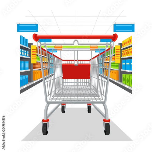 Shopping Cart in Supermarket Aisle - Grocery Store