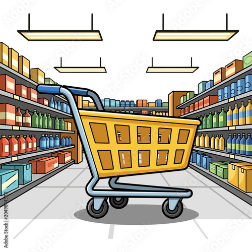 Shopping Cart in Supermarket Aisle - Vector Illustration