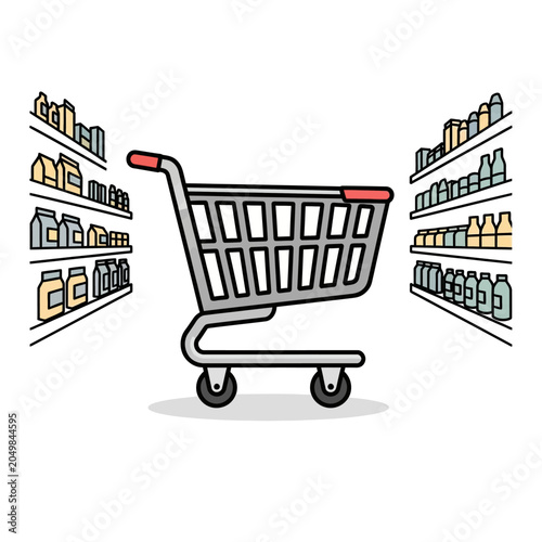 Shopping Cart in Supermarket Aisle - Grocery Store Illustration