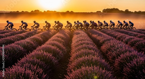 Cyclists Ride Through Lavender Fields at Sunrise.