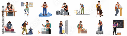 Diverse set of male and female professionals engaged in various technical, mechanical, and craft-related work with specialized tools in a flat illustration style