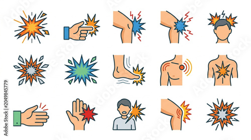 Photos Collection of pain and injury icons representing different body parts and sensations