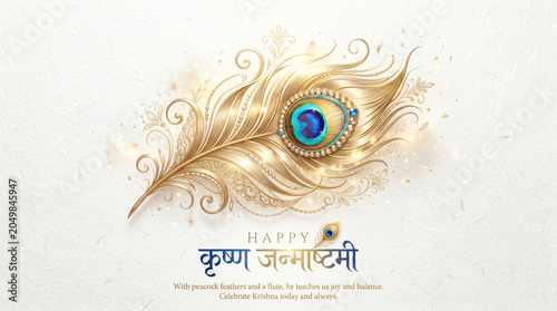 Golden Peacock Feather Krishna Janmashtami Greeting Design with Elegant Devotional Festival Typography