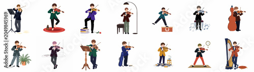 A collection of illustrations featuring young boys in formal suits playing the violin in various poses and settings, isolated on white background.