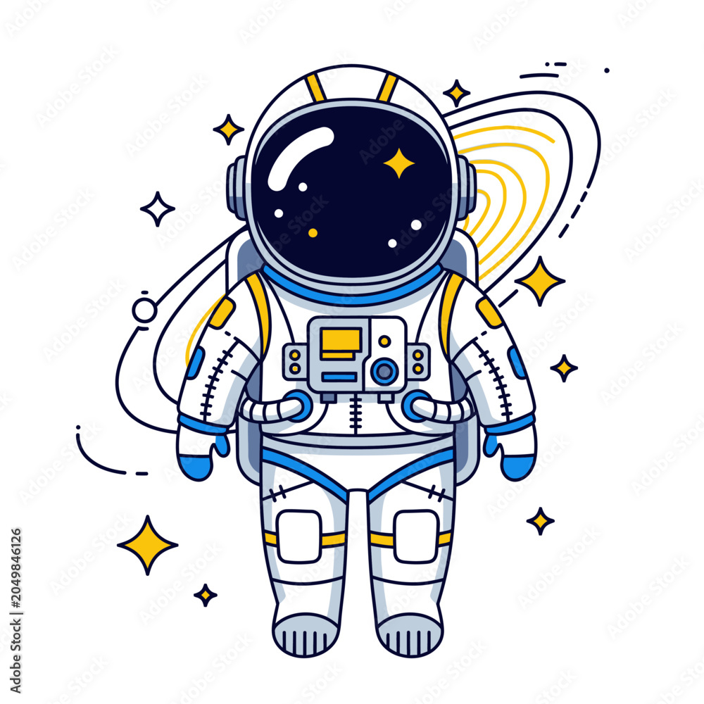 Obraz premium Cartoon Astronaut Floating in Space with Stars and Planets