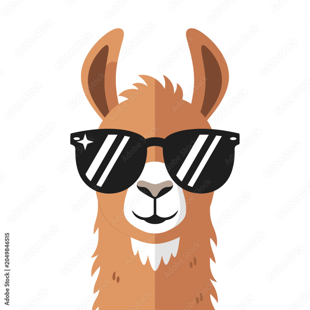 Fototapeta premium Cool Llama Wearing Sunglasses, Fun Animal Portrait, Vector Illustration, White Background