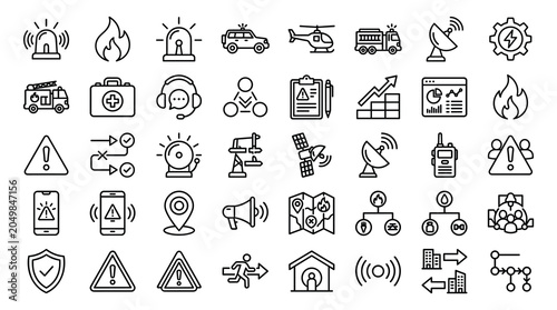 Emergency management line icons set, 40 rescue and disaster response vector symbols, public safety and crisis communication graphics