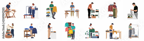 Billede på lærred Collection of retail store workers and shop assistants organizing and folding clothes in a clothing store, flat vector illustration