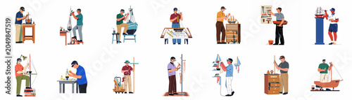Foto Vector illustration set featuring men engaged in the detailed craft of building and decorating various scale model ships in their workshop environments