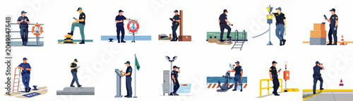 Set of flat vector illustrations depicting maritime security and coast guard officers performing various surveillance and inspection duties at sea and in ports.
