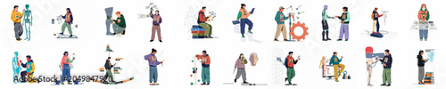 Tableau sur toile Flat vector illustrations of young people working with futuristic technologies like robotics, artificial intelligence, 3D modeling, coding, and virtual reality interfaces
