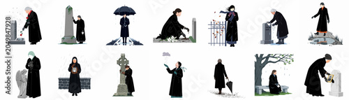 Photos Collection of illustrations depicting women in mourning attire at a cemetery, conveying themes of grief, loss, remembrance, and the somber atmosphere of a funeral