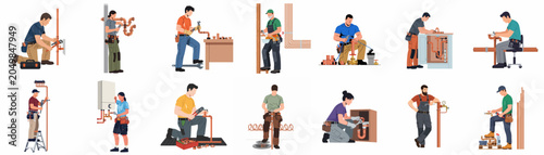 A collection of diverse professional plumbers installing, repairing, and maintaining various copper piping systems and water heaters in different work scenarios.
