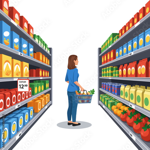 Woman shopping in aisle with food products at the supermarket cartoon