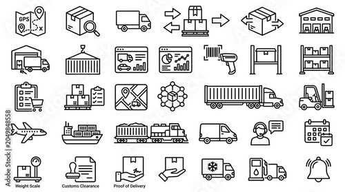 Cuadro en lienzo Logistics and supply chain icon set, 30 delivery and transportation line icons,