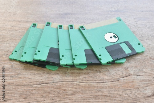 floppy disk old technology for saving data arranging on table