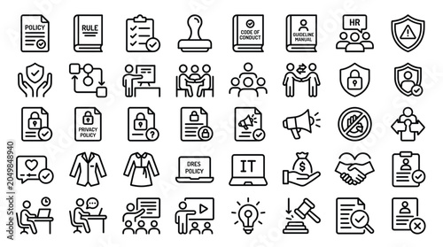 Compliance and corporate policy line icon set, 40 business ethics and regulatory icons, company rules and legal standards vector collection