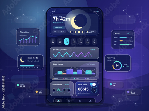 Foto Smartphone sleep tracking dashboard interface in dark mode