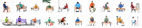 Foto Collection of Flat Vector Illustrations of Men in Athletic Wear Sitting on Park