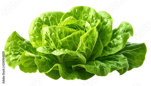 Fresh green lettuce head isolated on a white background, crisp leaves with water droplets, healthy food ingredient