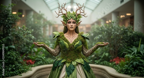 Enchanting Dryad Queen in Lush Botanical Garden.