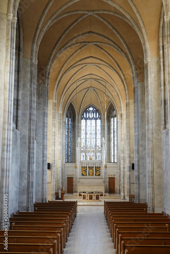 Photography Sunlit Gothic Window Above Wooden Pew Rows