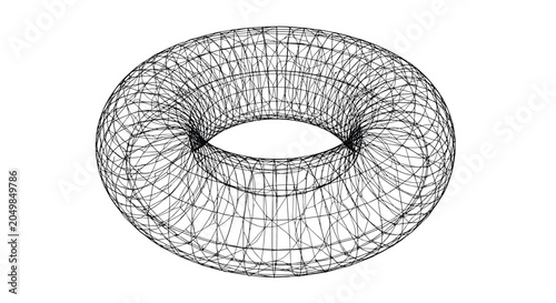 Complex three-dimensional wireframe model of a torus or donut shape displays its intricate geometric structure and mesh.